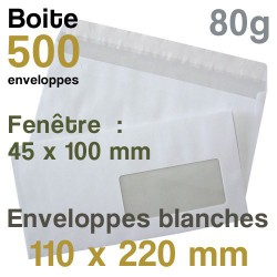 Enveloppe Vélin Blanc 80 g 110 x 220 - avec fenêtre 35 x 100 ou 45 x 100 