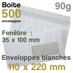 POCHETTE BLANCHE 110X220mm 90gr AVEC FENETRE -  Votre  fourniture à prix d'usine