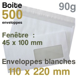 Enveloppes Blanches - 110 x 220 mm avec fenêtre - 90g