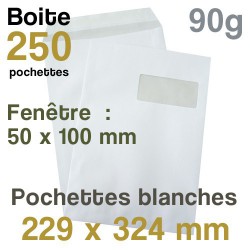 Pochettes Blanches - 229 x 324 mm avec fenêtre - 90g