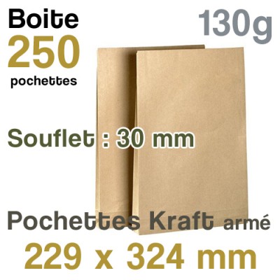 Pochettes Kraft armé 229x324 mm - soufflet 50 mm - 130g