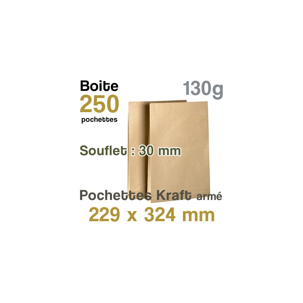 Pochettes Kraft armé 229x324 mm - soufflet 30 mm - 130g