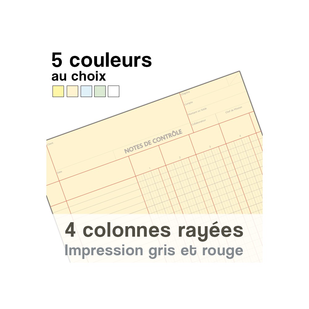 Notes de Contrôle 4 colonnes rayées, bloc comptable de 100 Feuilles