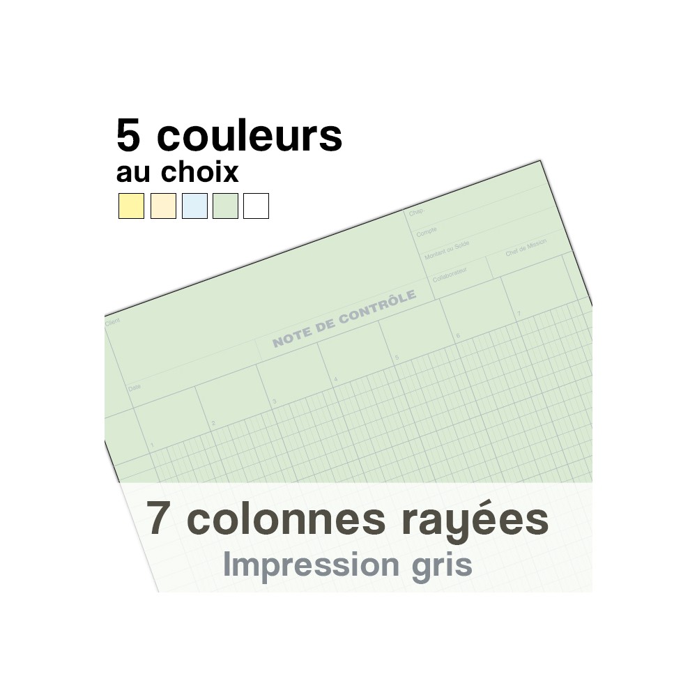 Notes de Contrôle 7 colonnes rayées, bloc comptable de 100 Feuilles