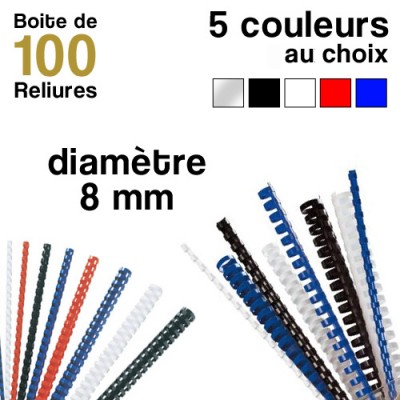 Reliures plastiques - diamètre 8 mm - Boite de 100 reliures