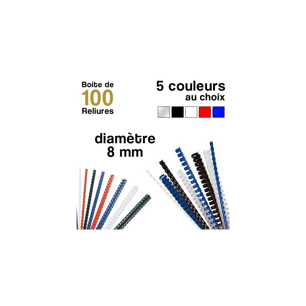 Reliures plastiques - diamètre 8 mm - Boite de 100 reliures