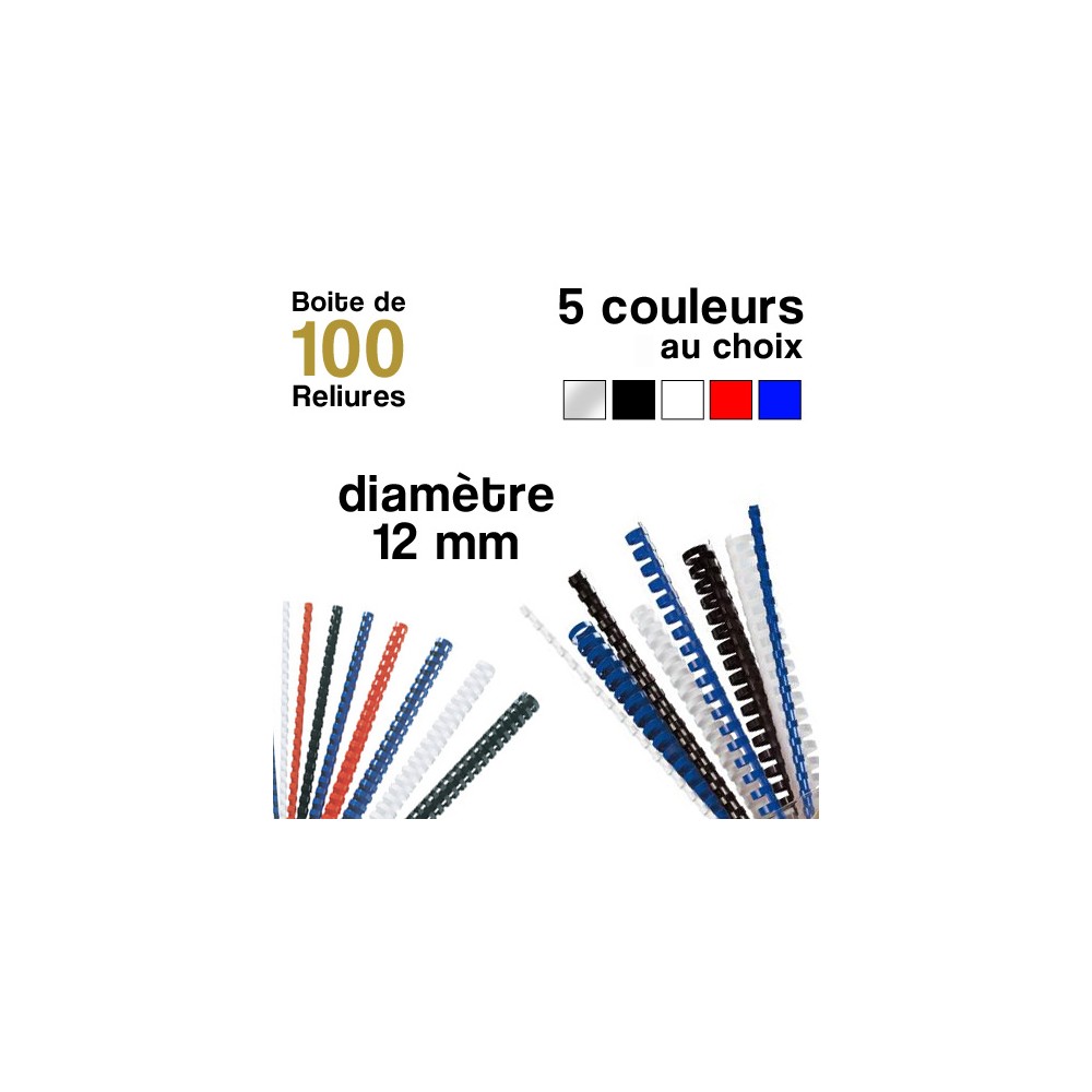 Reliures plastiques - diamètre 12 mm - Boite de 100 reliures