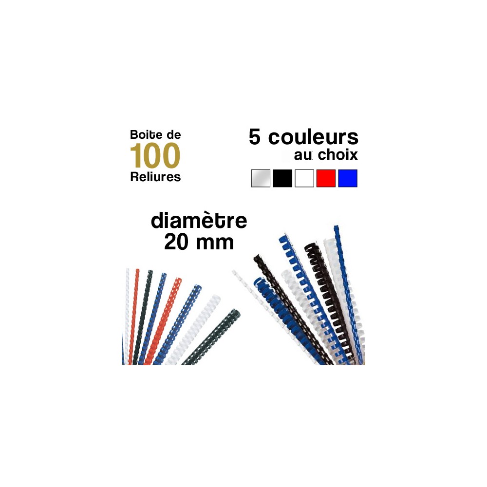 Reliures plastiques - diamètre 20 mm - Boite de 100 reliures