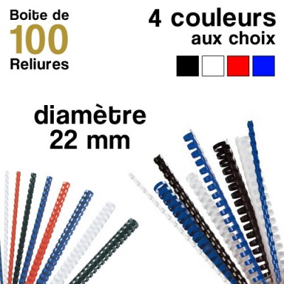 Reliures plastiques - diamètre 22 mm - Boite de 100 reliures