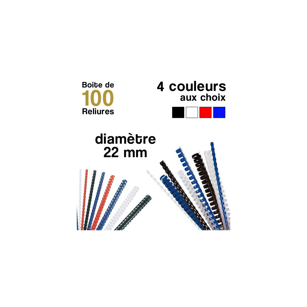 Reliures plastiques - diamètre 22 mm - Boite de 100 reliures