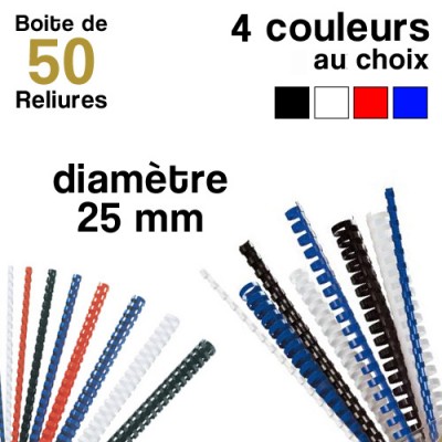 Reliures plastiques - diamètre 25 mm - Boite de 100 reliures