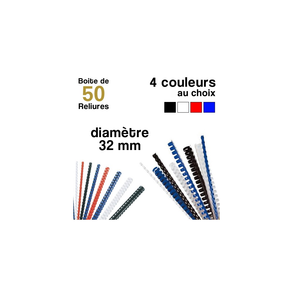 Reliures plastiques - diamètre 32 mm - Boite de 100 reliures