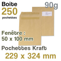 Pochettes Kraft 229x324 mm - Fenêtre 50x100 mm - 90g