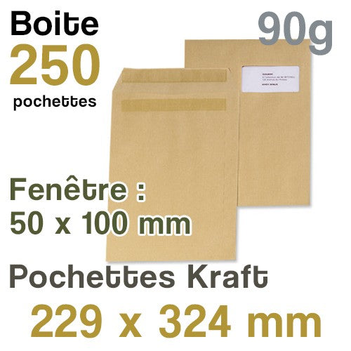 Pochettes Kraft 229x324 mm - Fenêtre 50x100 mm - 90g