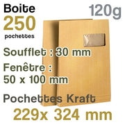 Pochettes Kraft 229x324 mm - fenêtre 50x100 mm - soufflet 30 mm - 120g