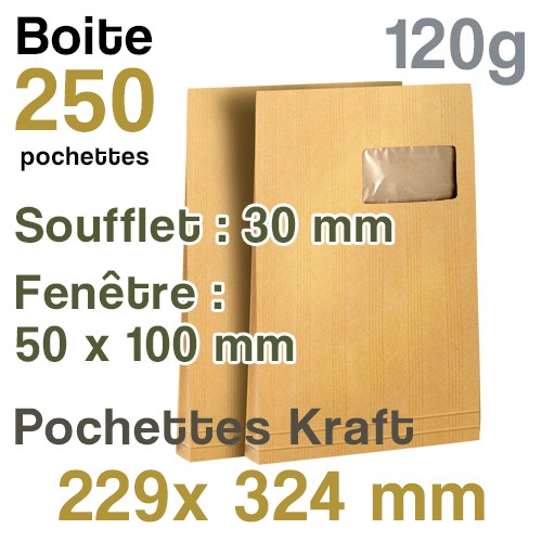Pochettes Kraft 229x324 mm - fenêtre 50x100 mm - soufflet 30 mm - 120g