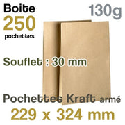 Pochettes Kraft armé 229x324 mm - soufflet 30 mm - 130g