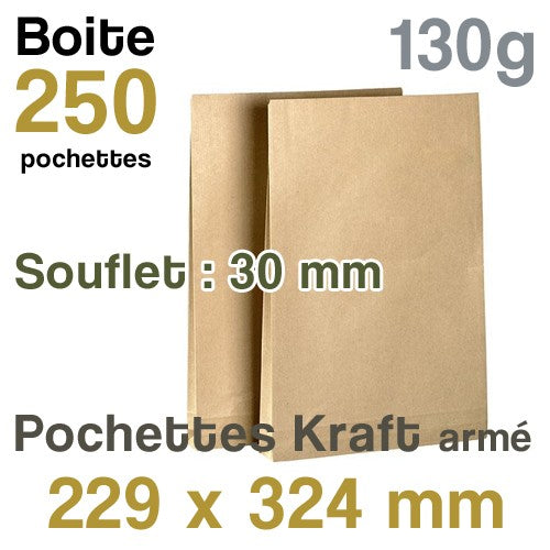 Pochettes Kraft armé 229x324 mm - soufflet 30 mm - 130g