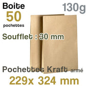 Pochettes Kraft armé 229x324 mm - soufflet 30 mm - 130g