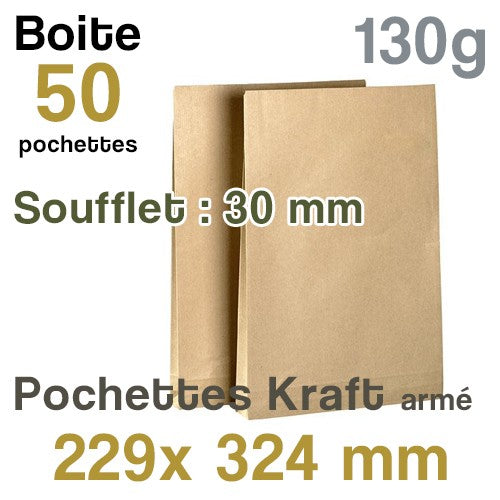 Pochettes Kraft armé 229x324 mm - soufflet 30 mm - 130g