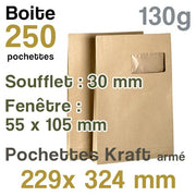 Pochettes Kraft armé 229x324 mm - fenêtre 55x110 mm - soufflet 30 mm - 130g
