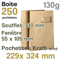 Pochettes Kraft armé 229x324 mm - fenêtre 55x110 mm - soufflet 30 mm - 130g