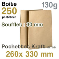 Pochettes Kraft armé 260x330 mm - soufflet 30 mm - 130g