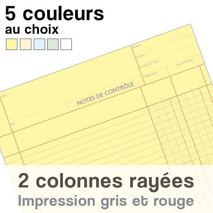 Notes de Contrôle 2 colonnes rayées, bloc comptable de 100 Feuilles