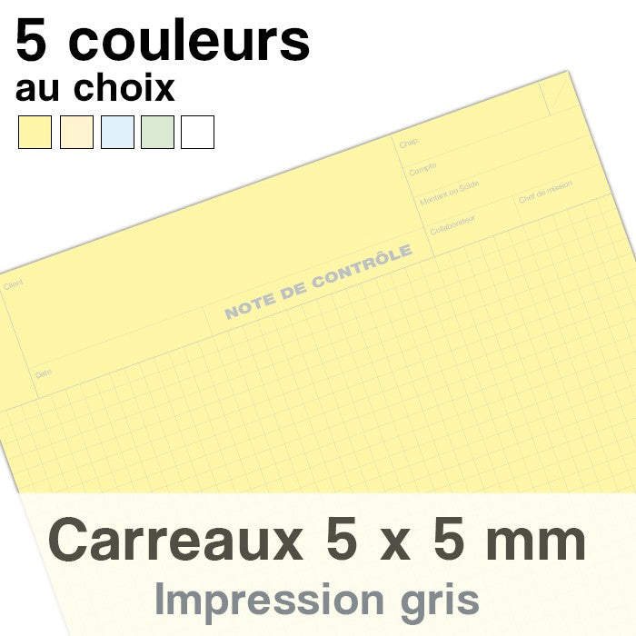Notes de Contrôle carreaux 5 x 5 mm, bloc comptable de 100 Feuilles. Dans la limite des stocks disponibles par couleur