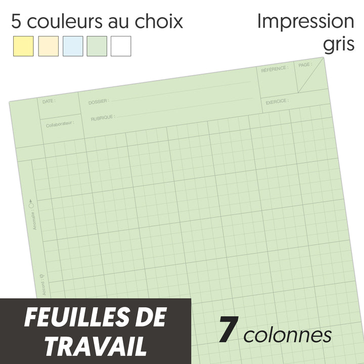 Feuilles de travail 7 colonnes carreaux, bloc audit de 100 Feuilles